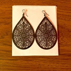 Like new, never worn, pewter color, embellished, filigree style, drop earrings